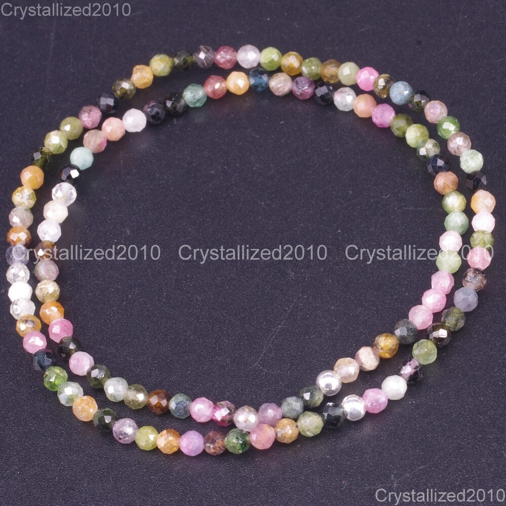 Natural Faceted Round Gemstone 2mm 3mm 4mm Handmade Beads Stretchy Bracelet 925