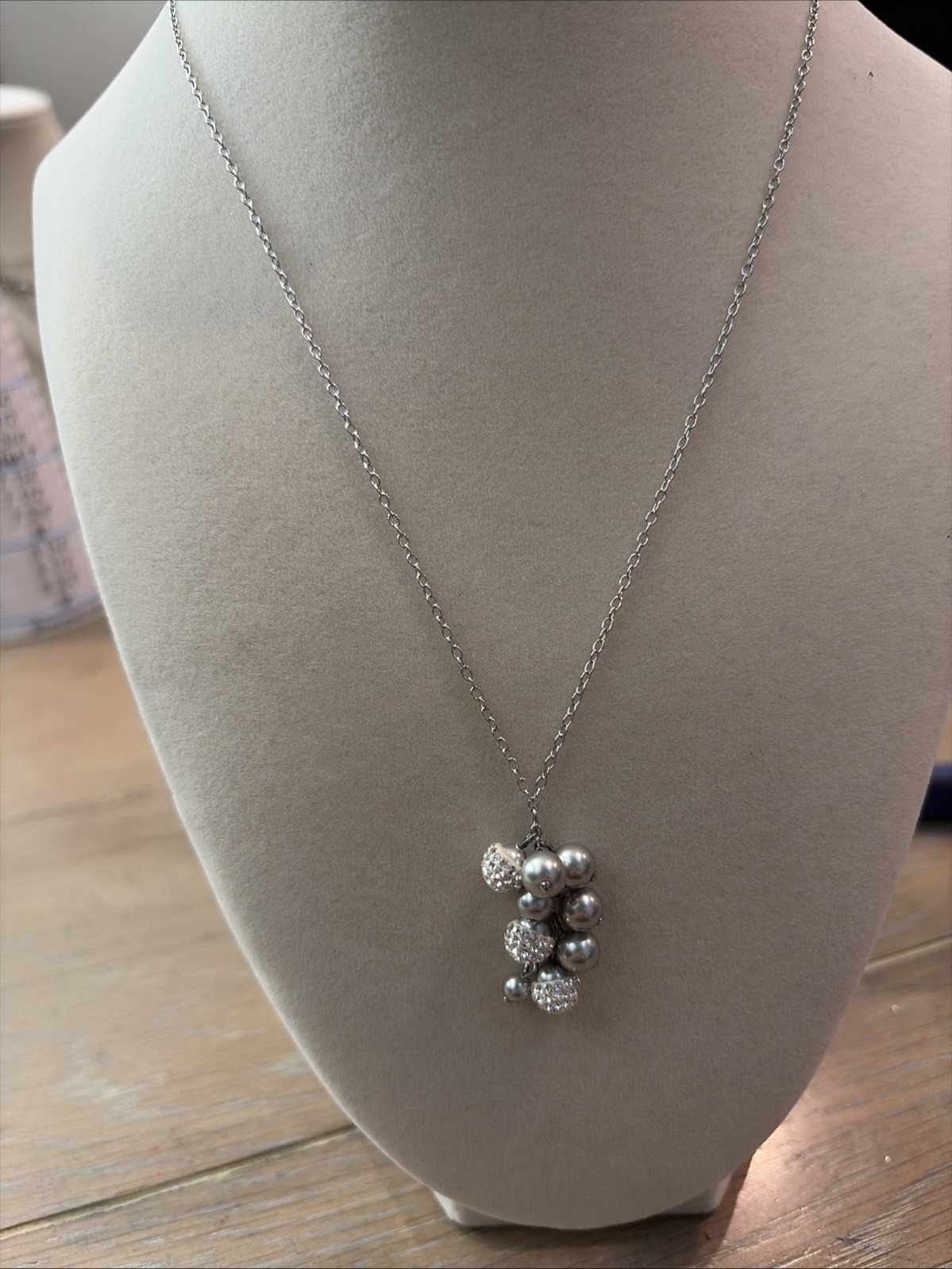 Authentic Swarovski Pave Crystal & Gray Pearl Cluster Pendant Necklace NIB $95