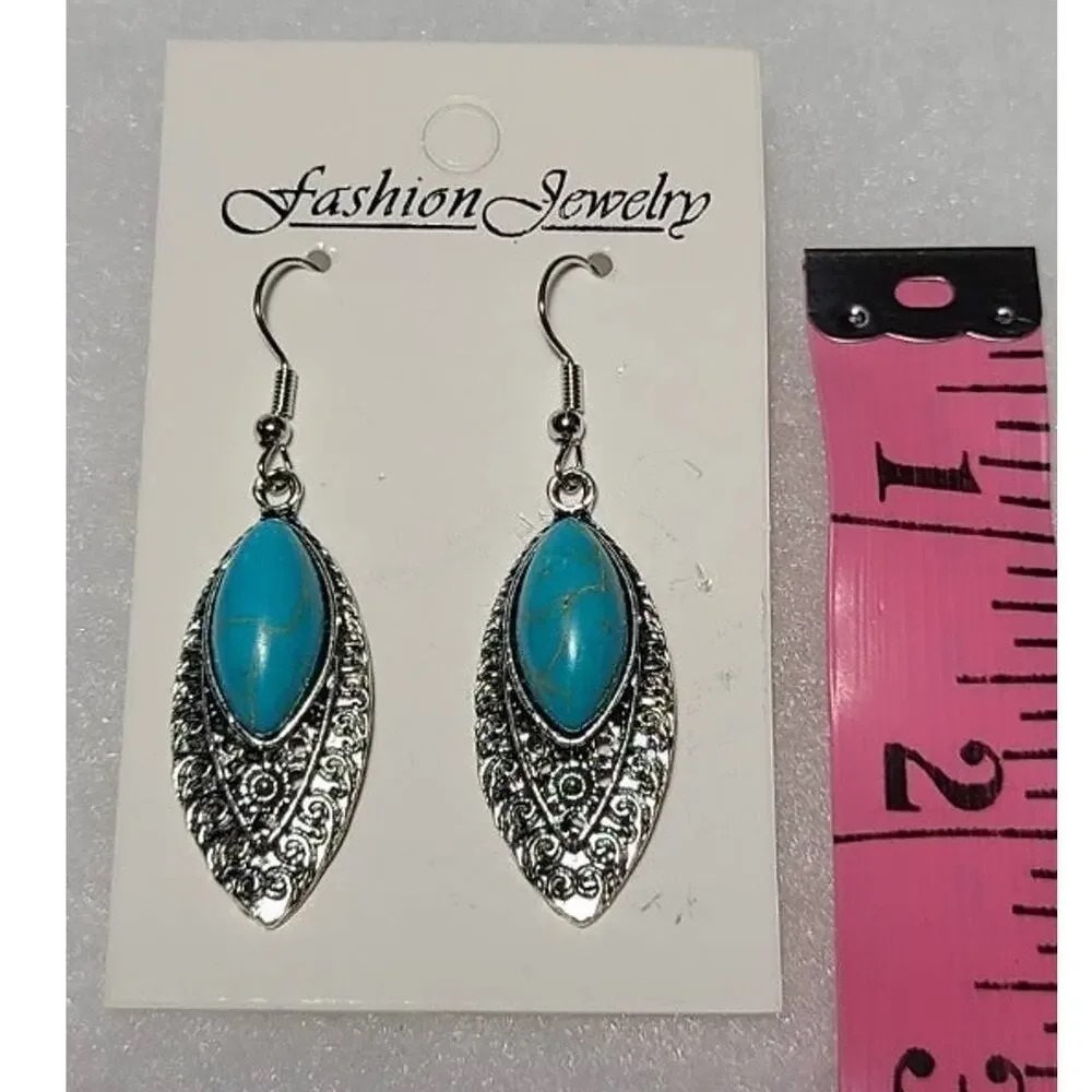 Silver Turquoise Stone Dangle Drop Fashion Earrings Set of 5 ~ NEW