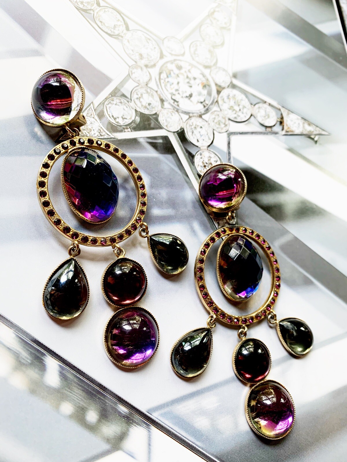 ZOE COSTE FRANCE REMINISCENCE 80’s VINTAGE CRYSTAL GLASS CABOCHON XXL EARRINGS