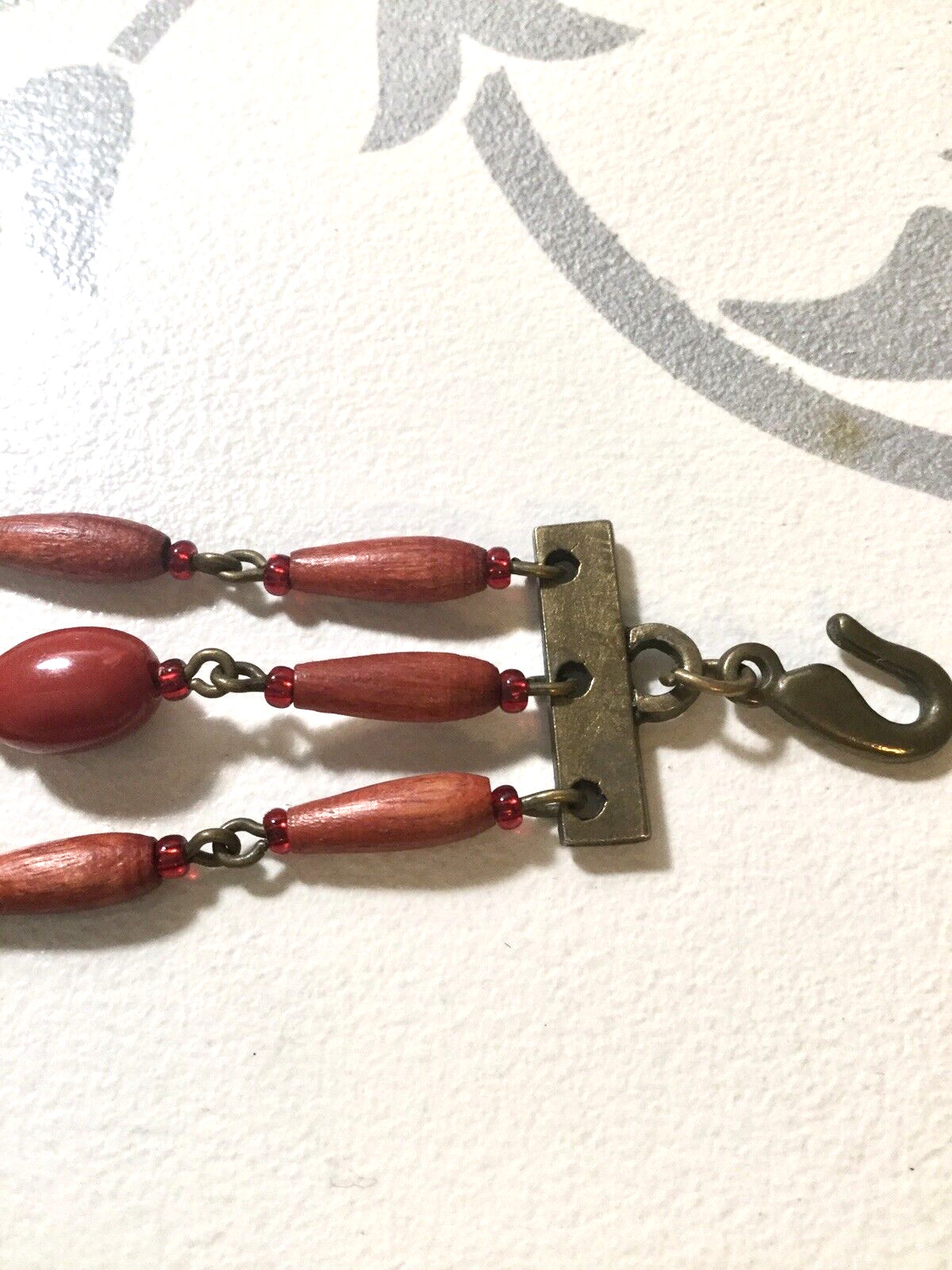 Womens Red Wood Bead Bracelet Alloy Centerpiece Crystals Bronze Tone Boho Chic