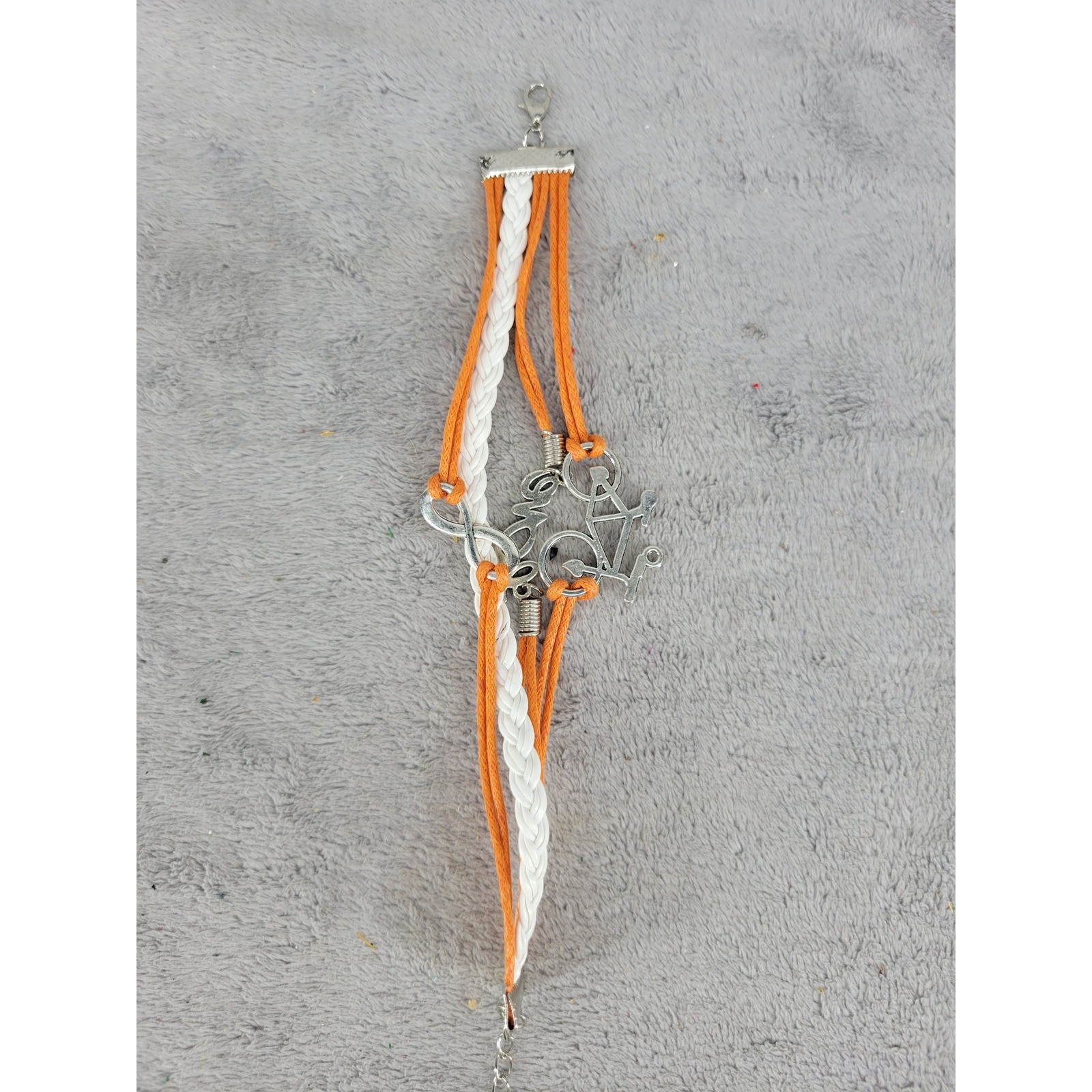 Orange White Braided Cord Bicycle Love Infinity Charm Bracelet Silver Tone