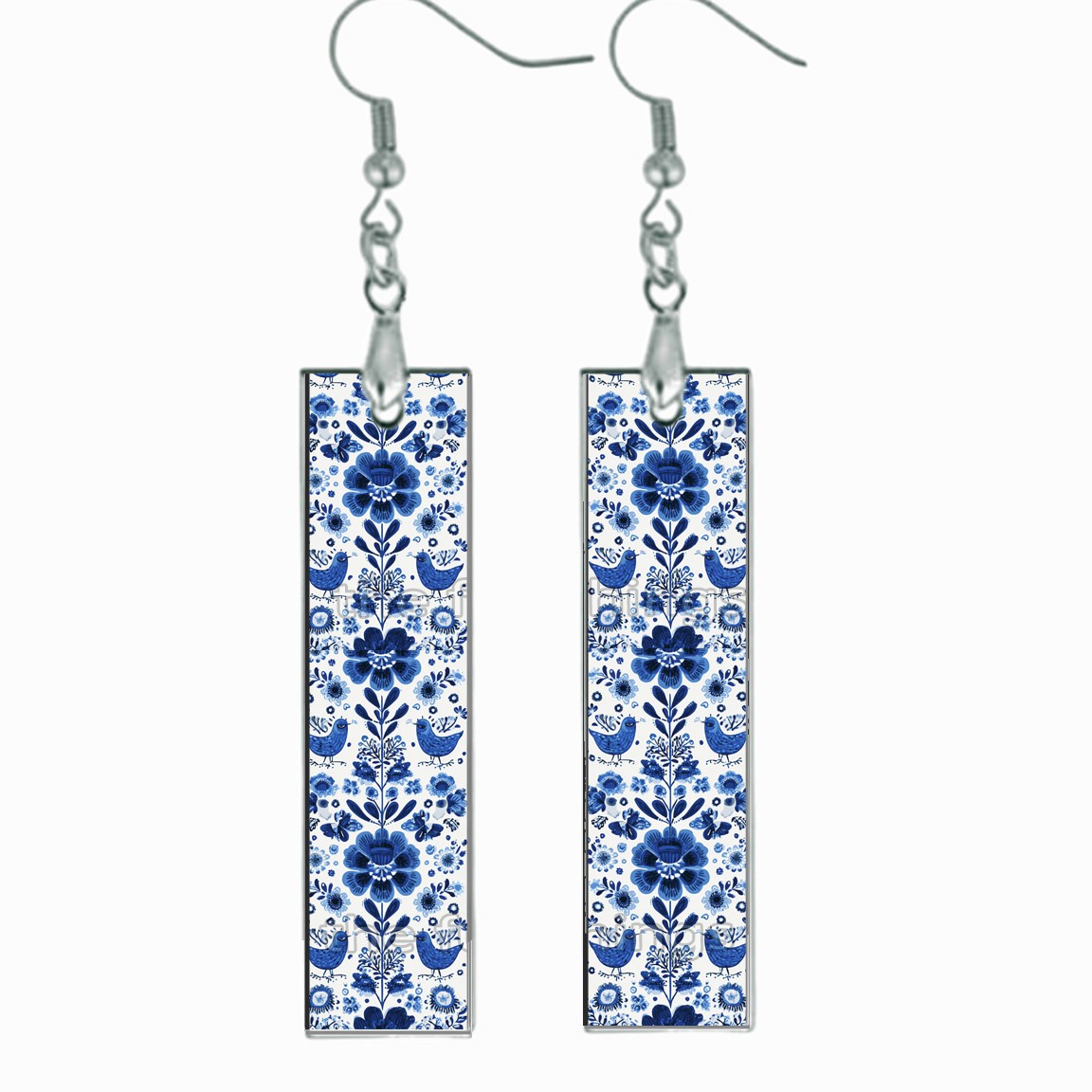 Scandinavian Folk Art Dangle Bar Earrings Wood Handcrafted Floral Jewelry