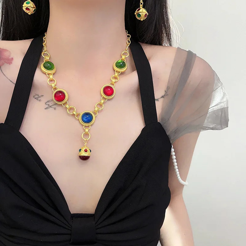 Classic Baroque Women Crstyal Necklace Earrings Jewelry Set Chorkers Chains