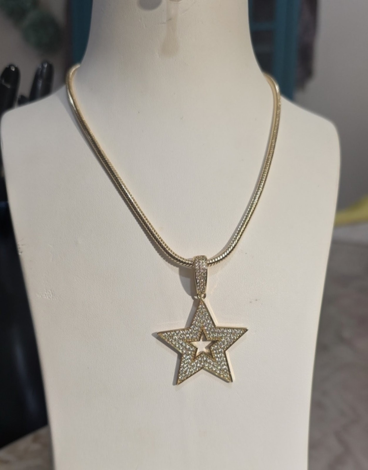 14K Gold Plated Snake Chain Necklace w/ Pavé Rhinestone Star Charm Pendant