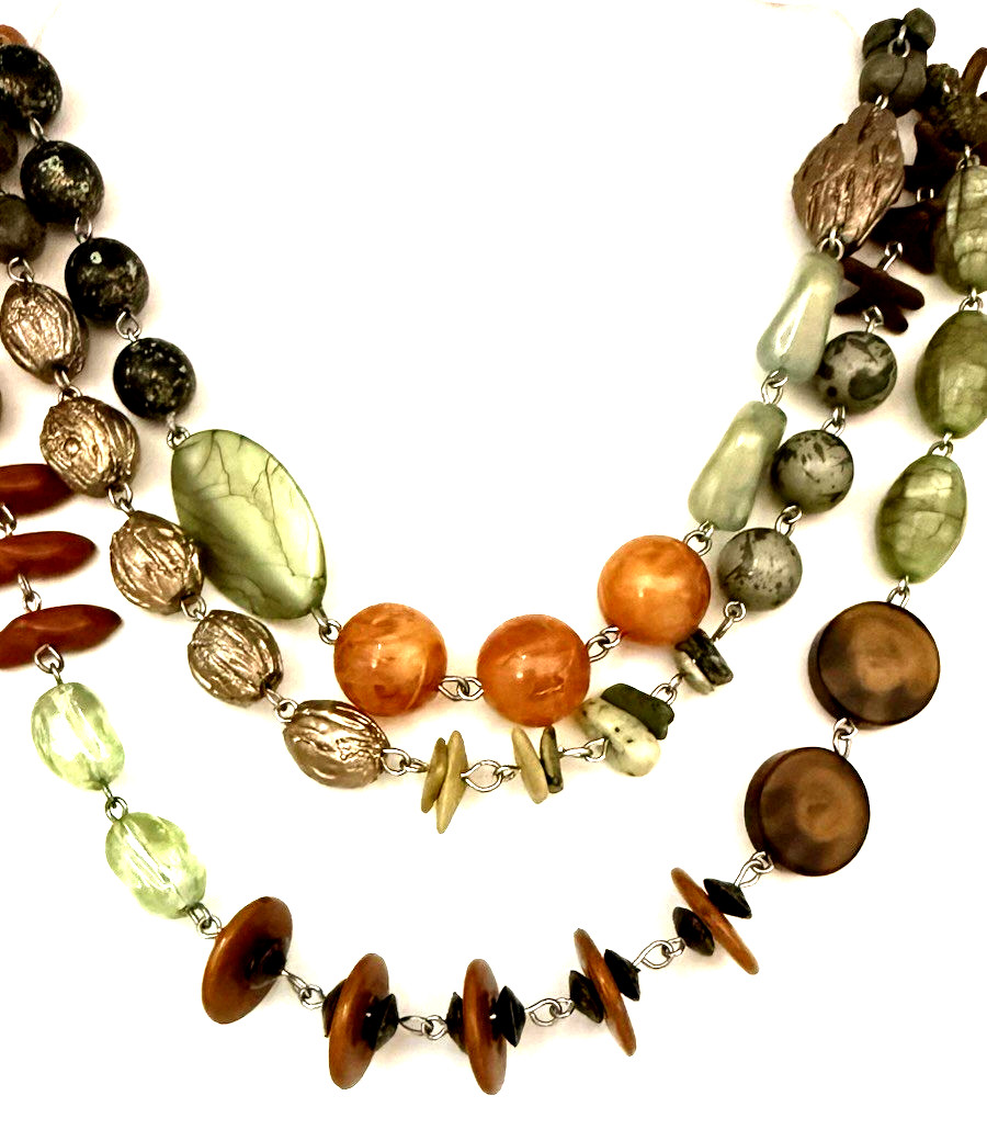 TRESKA 20″ Boho Mixed Media/Art Glass Silver Tone Multistrand Necklace