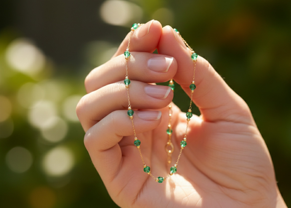 Elegant 18K Gold Plated Emerald Green Beaded Anklet Minimalist Brass Chain