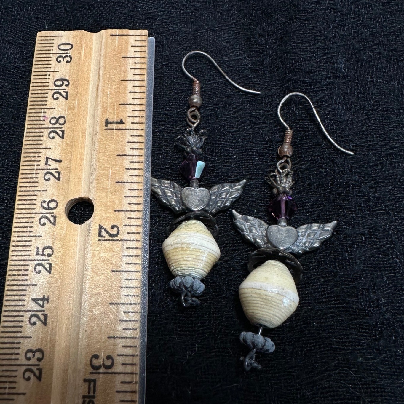 Angel Drop Earrings Cream Antiqued Silver Tone Purple Whimsigoth