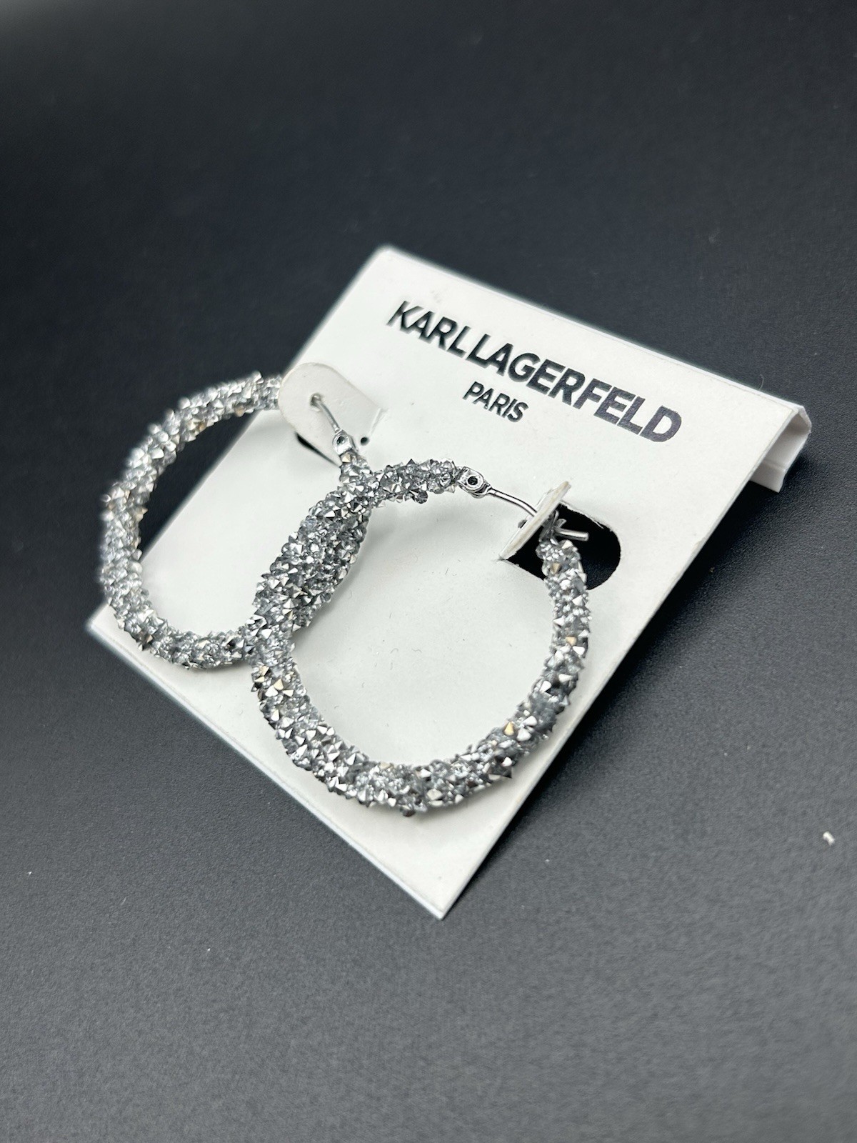 Karl Lagerfeld Silver Crystal Hoop Earrings Hinged Closure, Metal