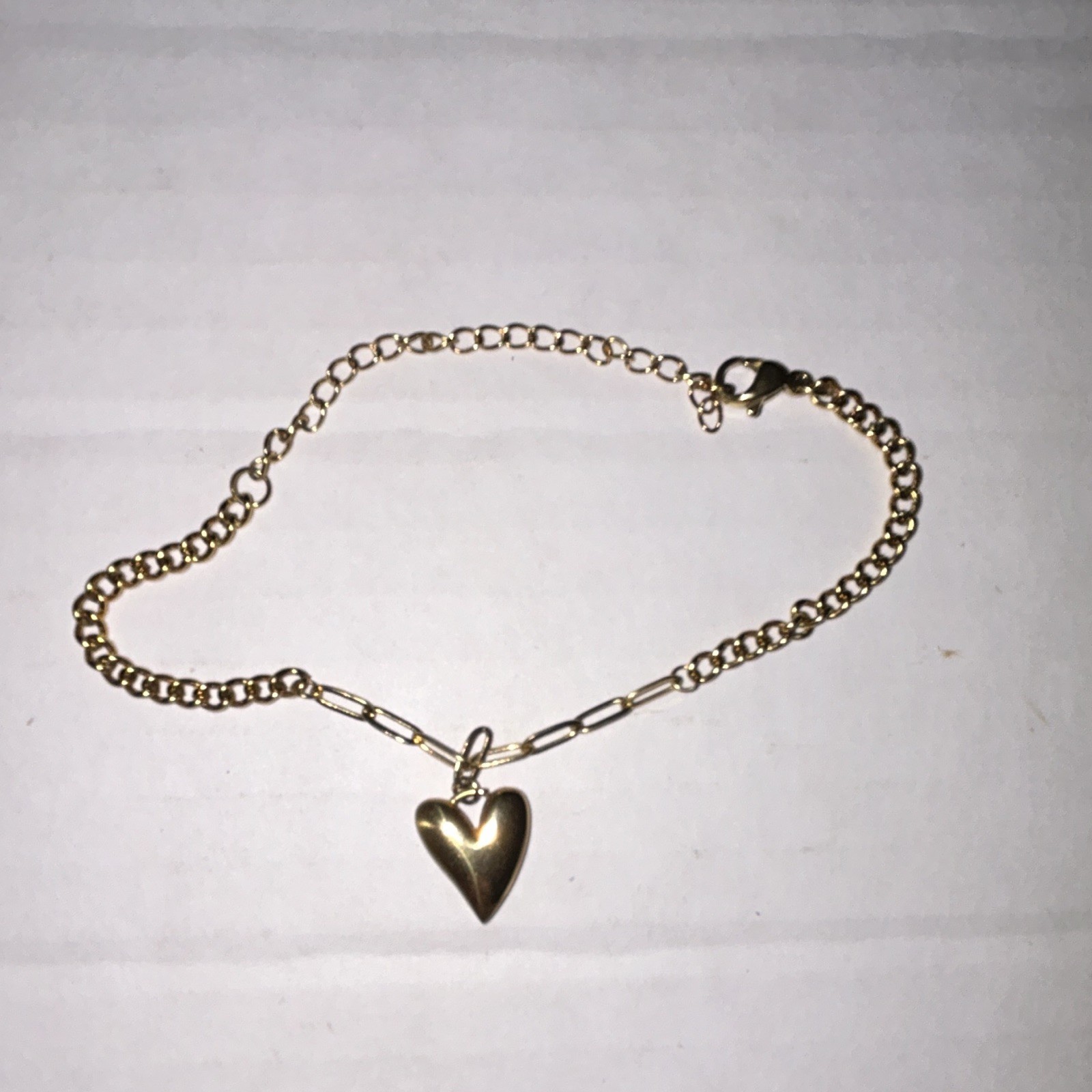Gold Tone Mixed Link Chain Bracelet Heart Dangle Charm Love Lobster Clasp
