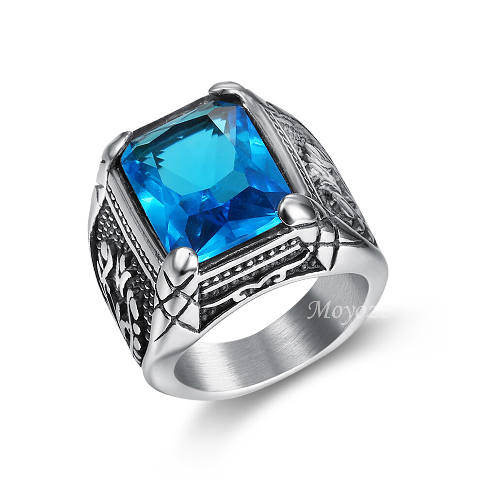 Mens Blue CZ Simulated Onyx Sapphire Stone Ring Stainless Steel Size 7-15 Gift