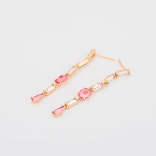Gold Plated Pink & White Crystal Drop Earrings Long Dangle Brass Women’s Jewelry