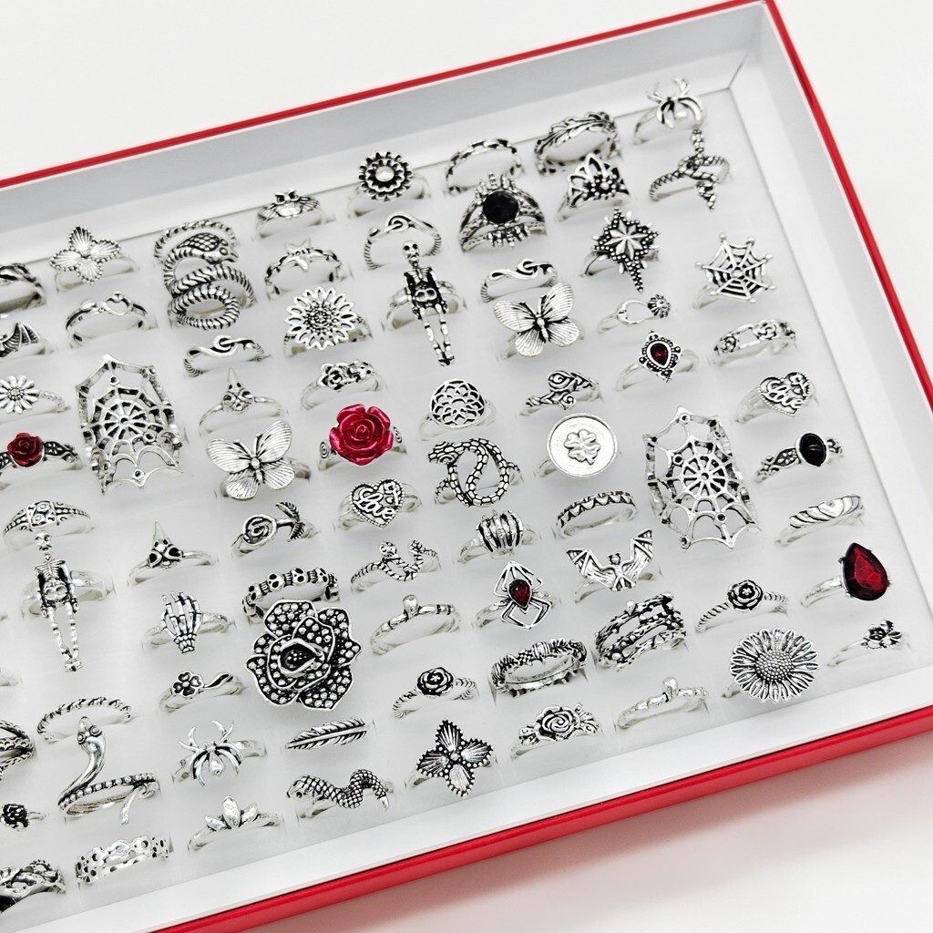 Wholesale 50pcs Mix Punk Gothic Vintage Rings Alloy Plated Silver Skull Ring Lot
