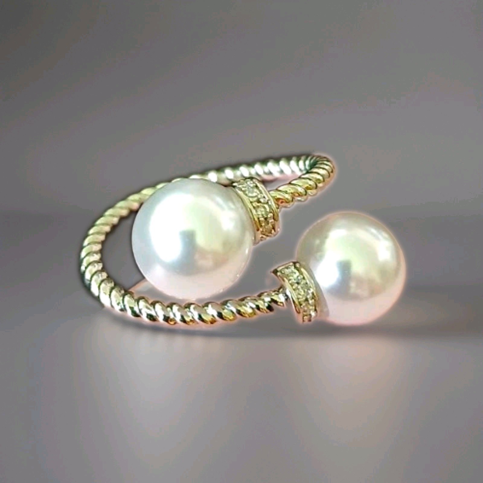 Silver Tone Adjustable Wrap Open Bypass Ring w/ 2 White Round Faux Pearls