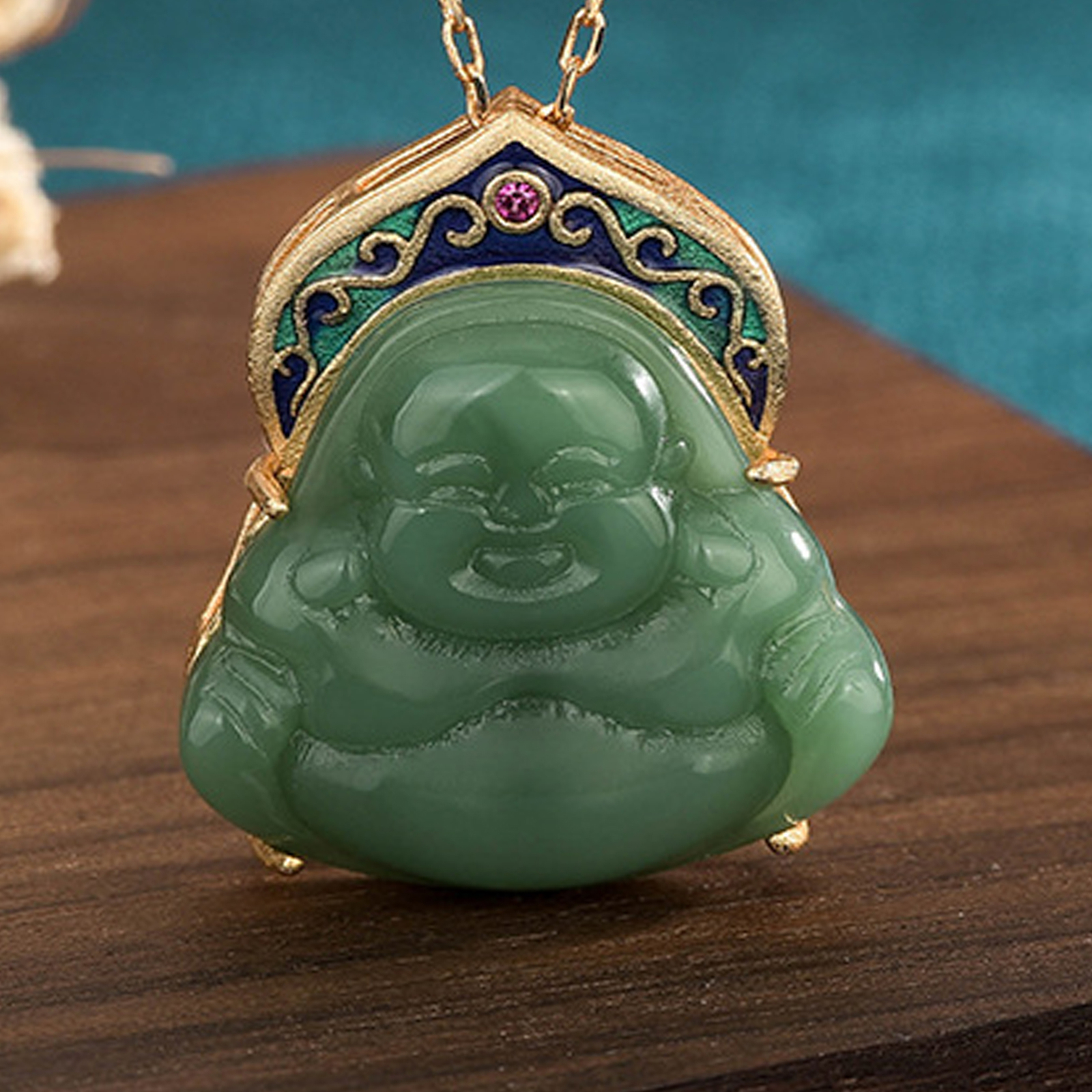 Jade-Anh?nger-Halskette Buddha vergoldeter Kette ethnisches Edelstein Geschenk