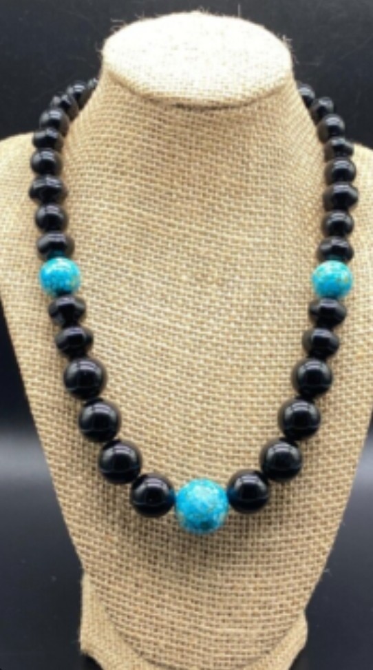 JAY KING, DRT-Sterling Silver Chunky Black Agate Turquoise Bead Necklace 22″ L