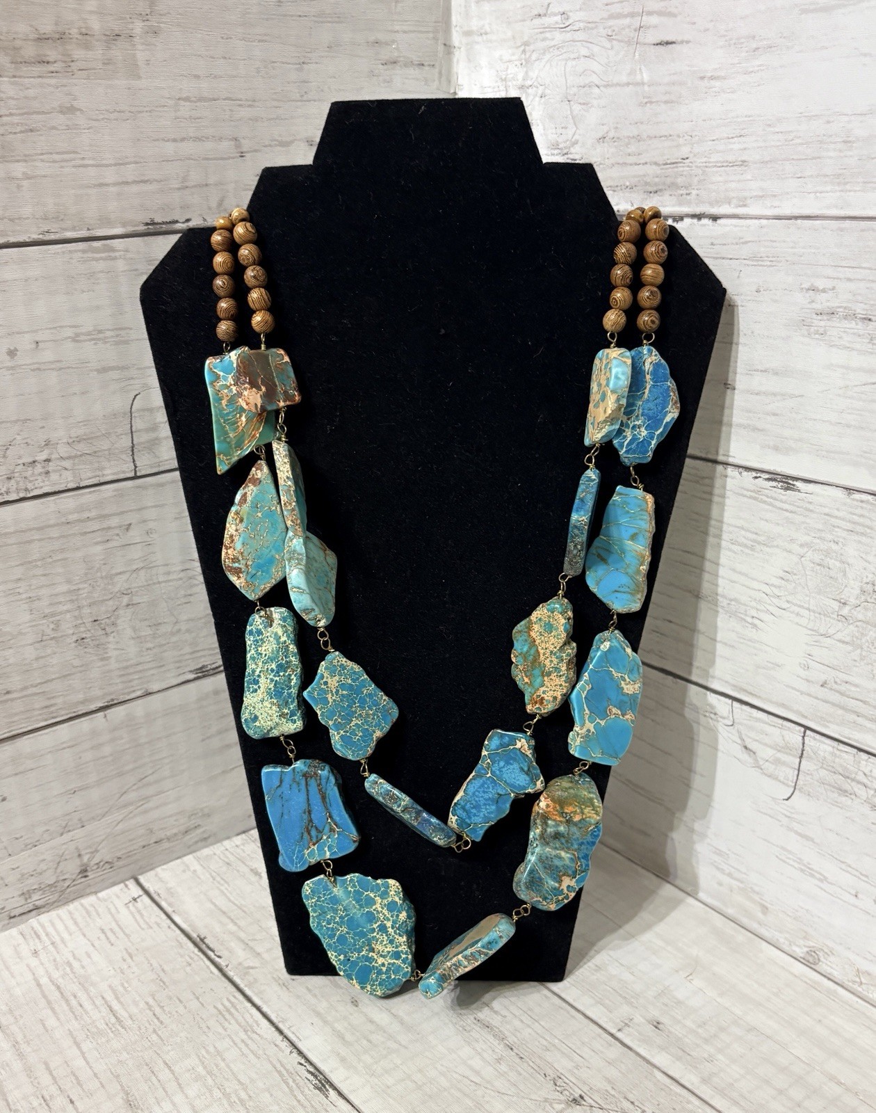 Chunky Sky Blue Jasper Slabs Double Strand Statement Artisan Necklace BNWT