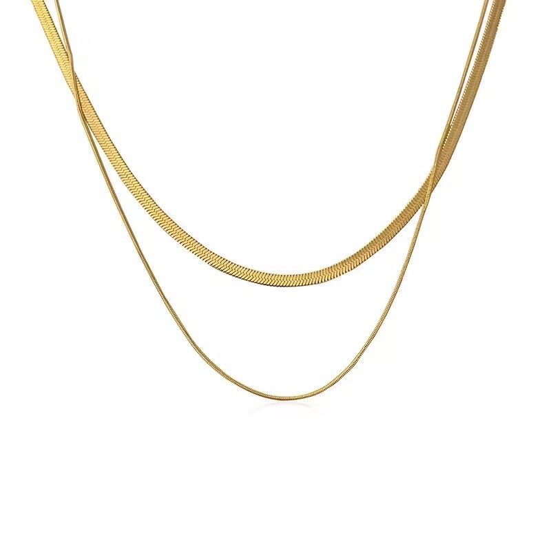 ZARD Herringbone and Snake Chain Layered Necklace in 14K Gold