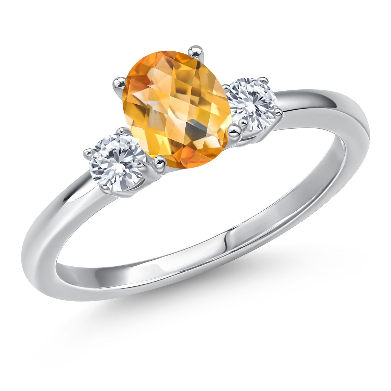14K White Gold Ring Oval/Checkerboard Citrine and Moissanite (0.93 Cttw)