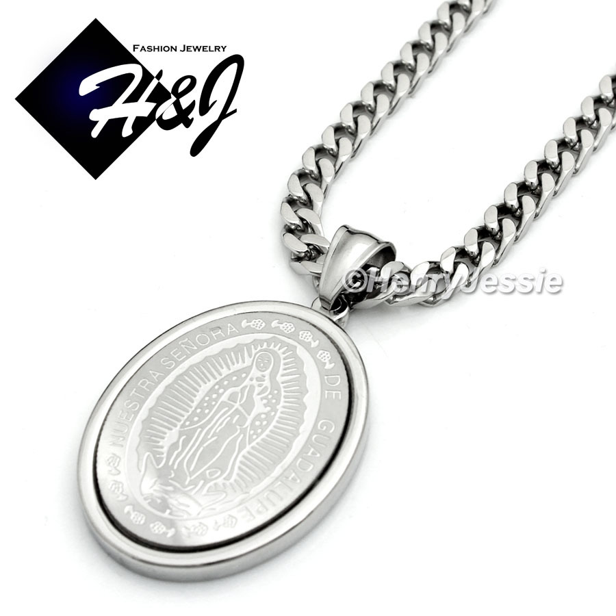 20″MEN Stainless Steel 5mm Silver Cuban Curb Necklace VIRGIN MARY Pendant*SP26
