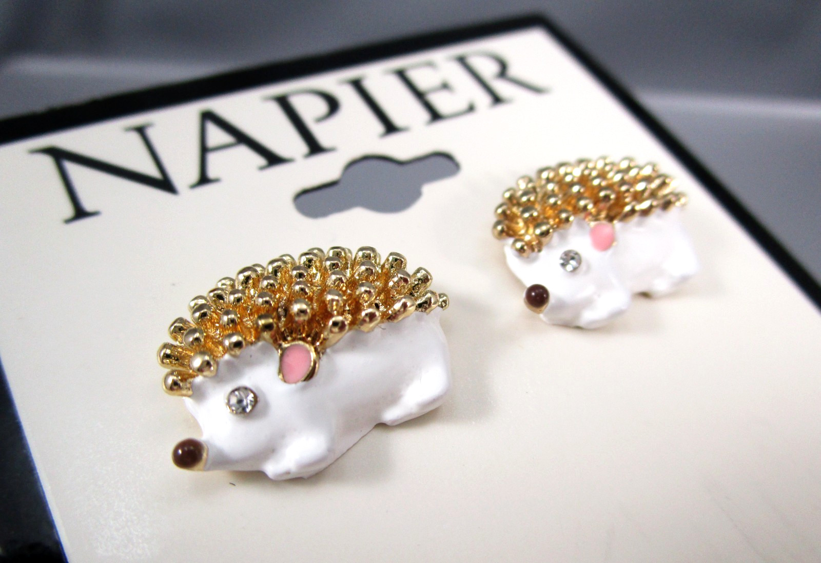 New NAPIER White Enamel Gold Tone Hedgehog Post Earrings 179U