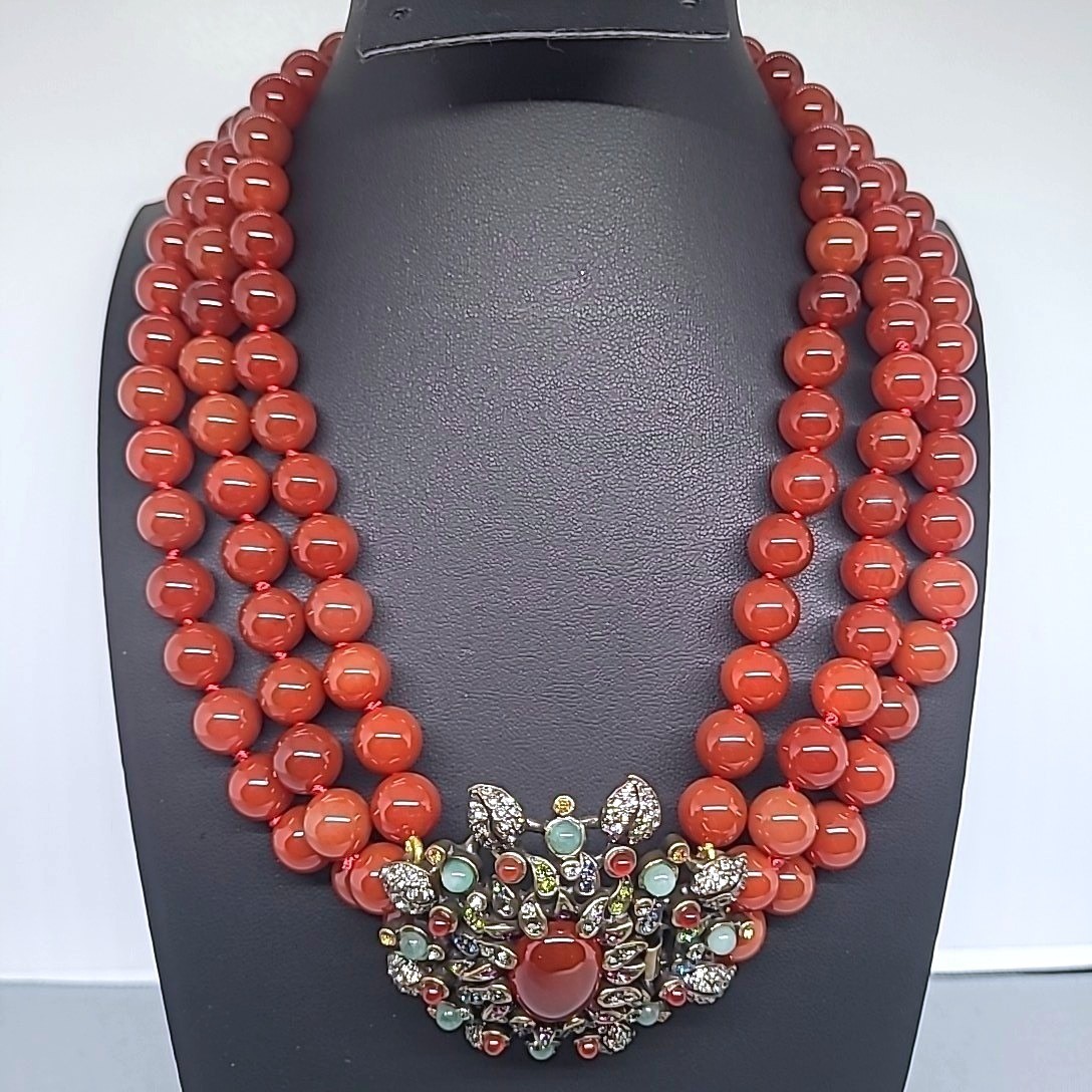 Heidi Daus Necklace Woman Red Beaded Triple Strand Crystal Statement Centerpiece