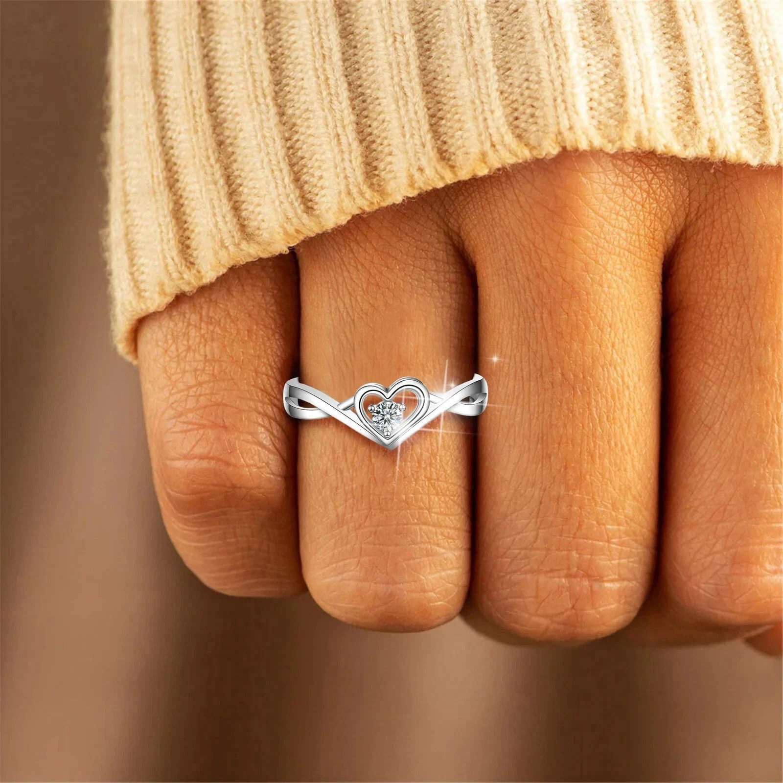 Fine 925 Sterling Silver Heart CZ Rings Women Promise Love Engagement Gift Band