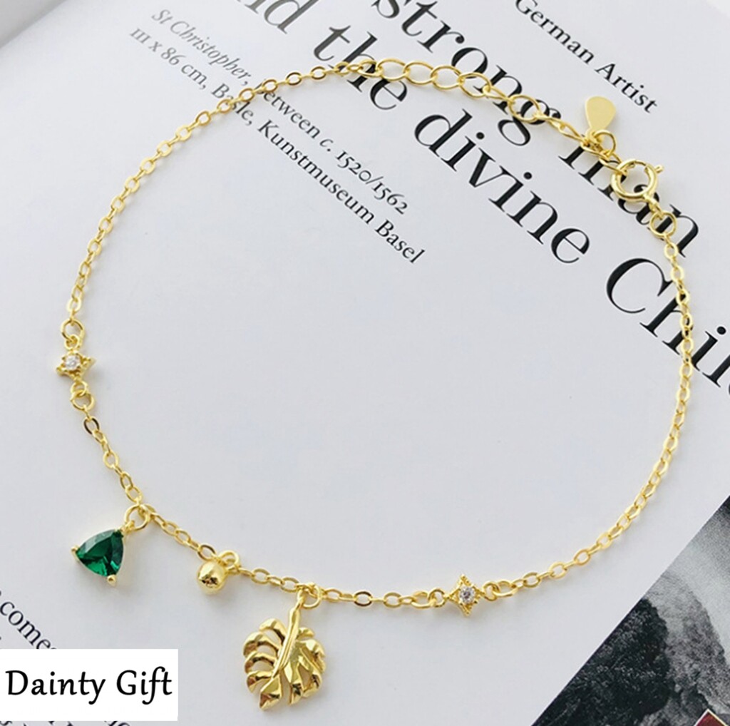DAINTY Women Girl 925 Sterling Silver Green CZ Leaf Gold Chain Bracelet 6.2-7.5″
