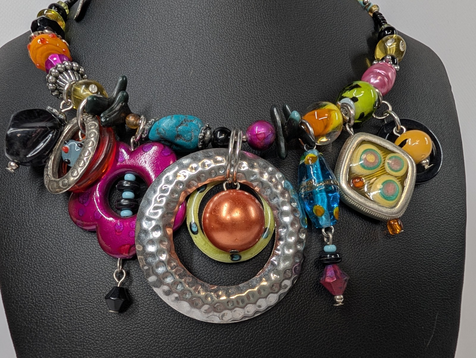 Treska Vintage Charm Bib Necklace Multicolor Lampwork Enamel Flower Estate