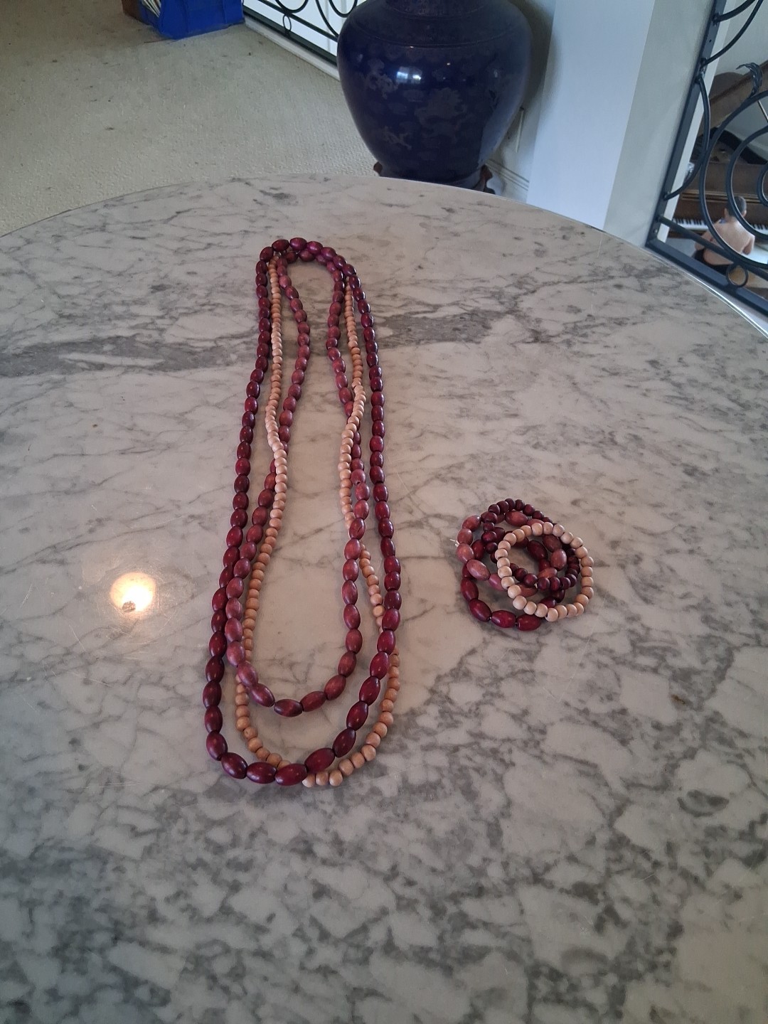 Lot Of 3 Wood Beaded Necklaces 4 Matching Bracelets Length 30-35-38 Inches