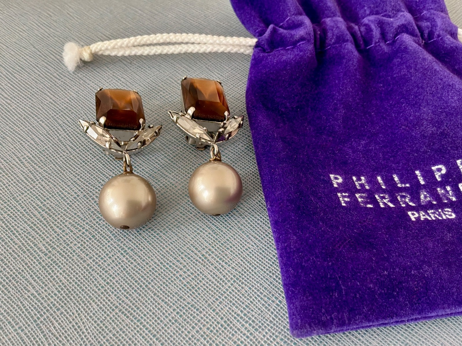Philippe Ferrandis Paris Silver Crystal Pearl Drop Earrings Clips