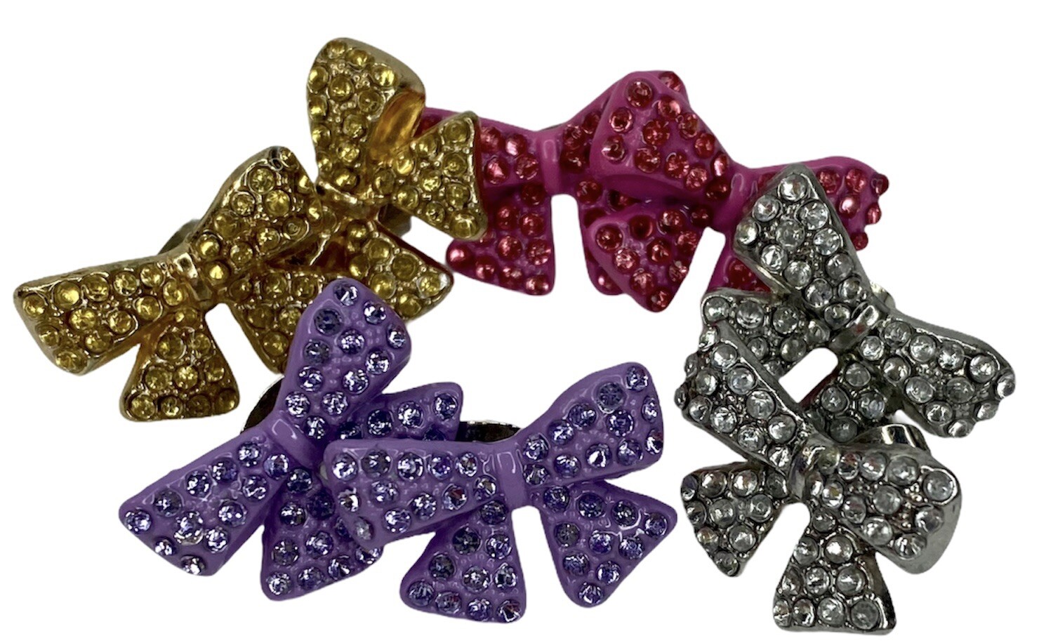 Lot of 4 Pairs of Earrings Bows Sparkly Pink Gold Purple Silver Friction Backs