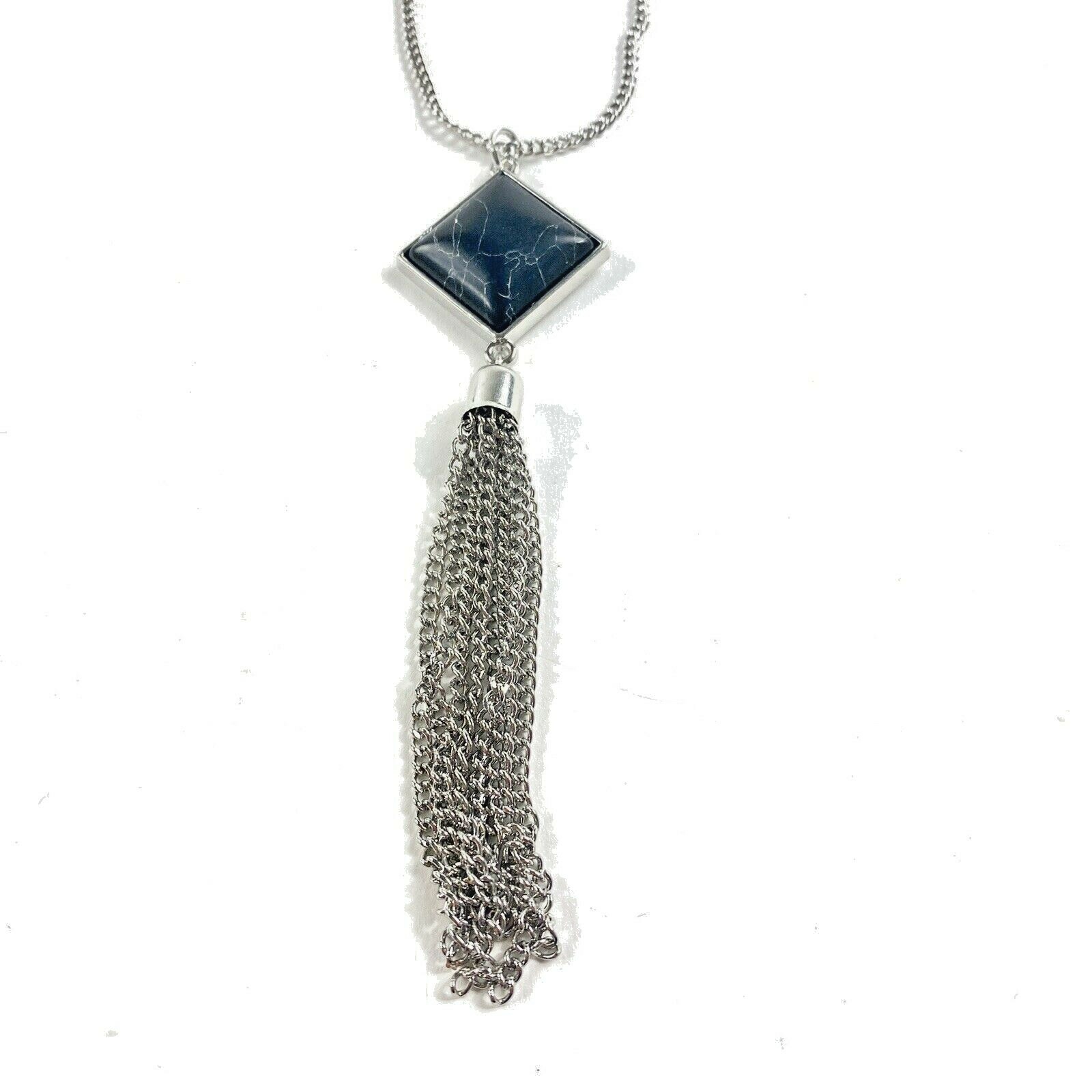 Toni 20×20 mm Composite Black Howlite Silvertone Pendant Long Chain Necklace