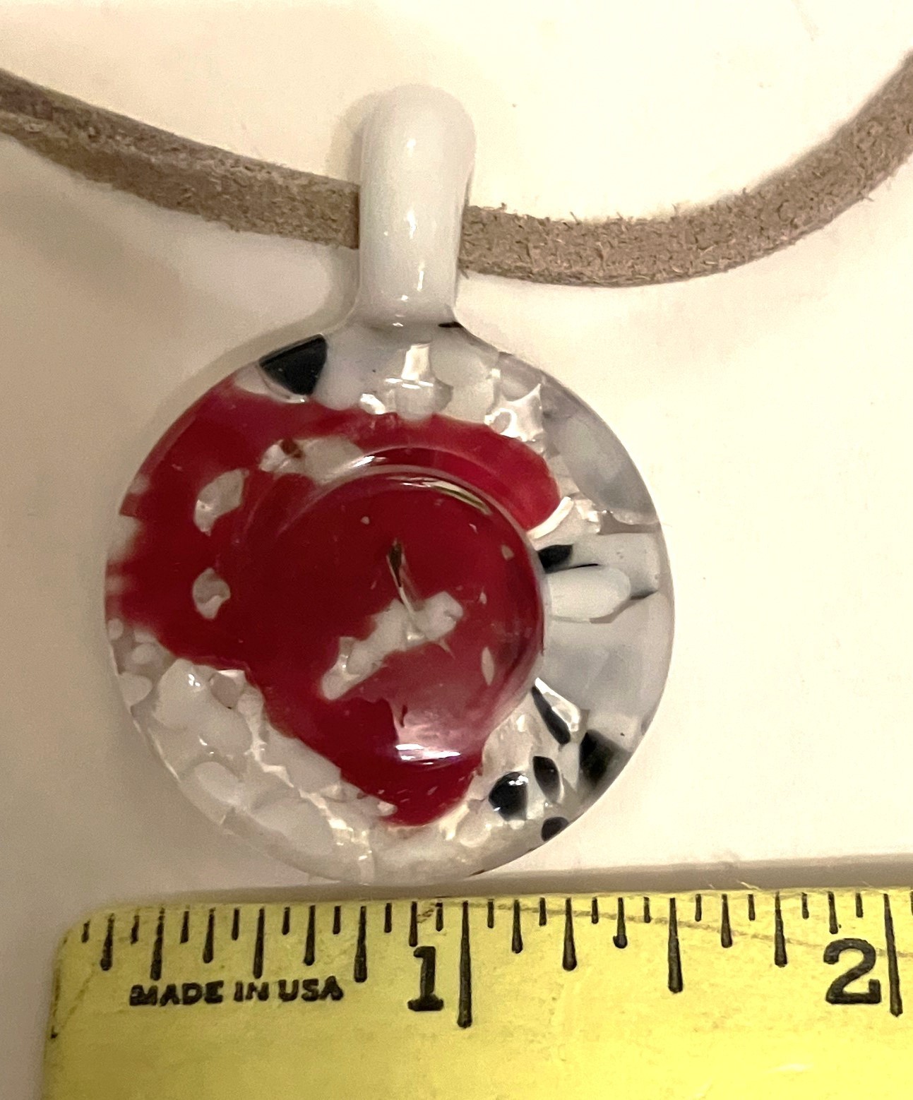 Murano Style Glass Pendant /Leather Cord Necklace 1.5″ Round BOHO 18″ From Italy
