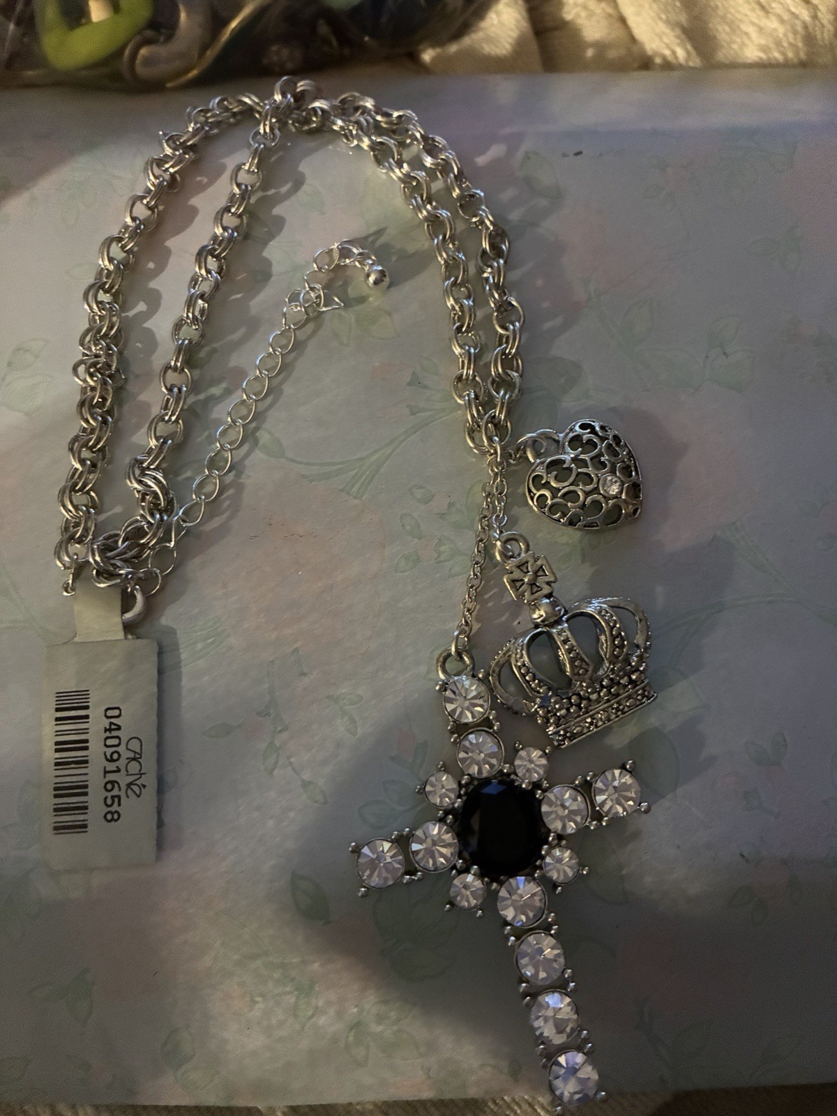 Silver Tone Adjustable Necklace, Rhinestone Cross Crown Heart, Black Crystal