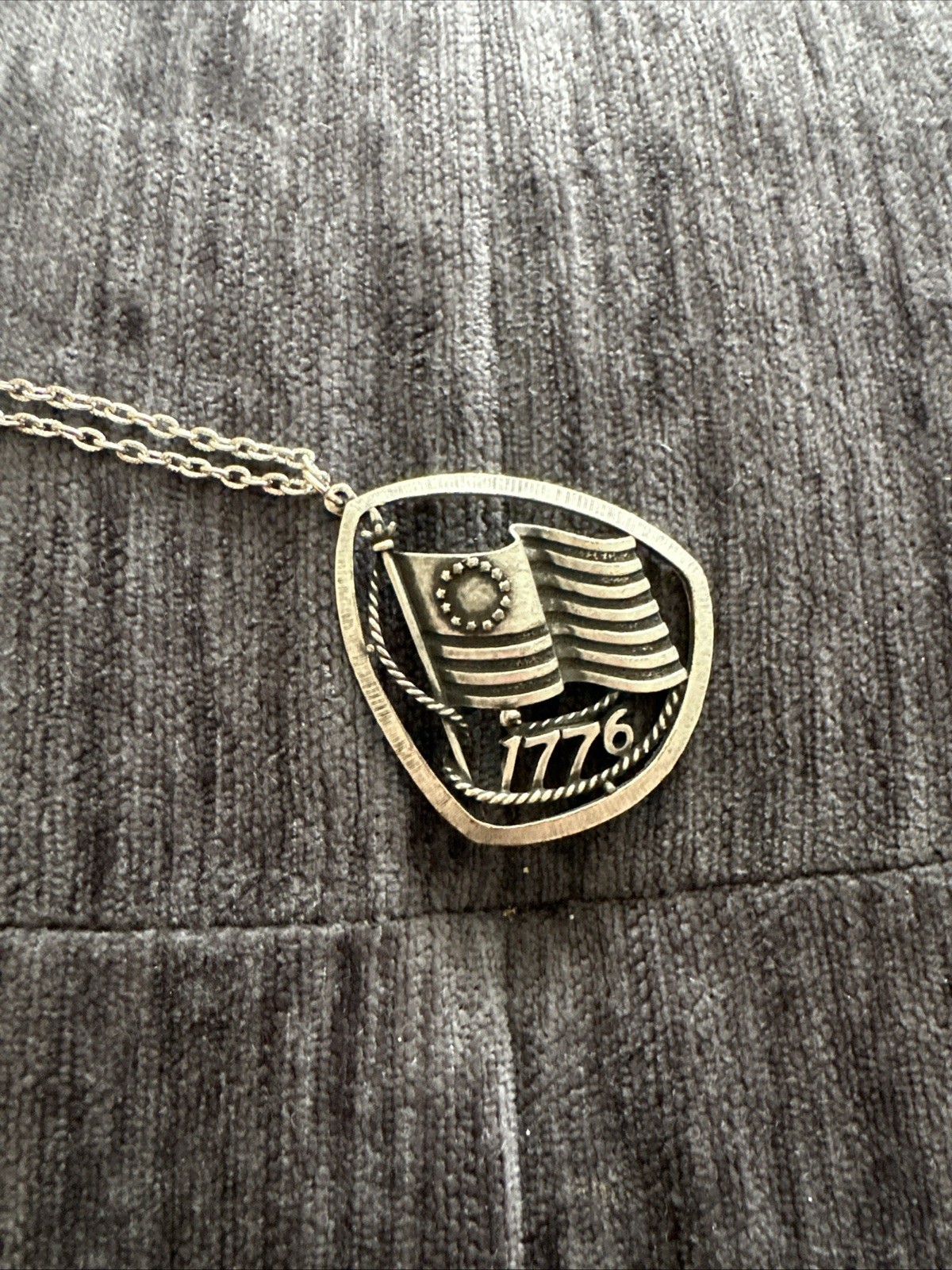 Vintage Bicentennial 1776 USA Flag Pewter Patriotic Necklace Charm