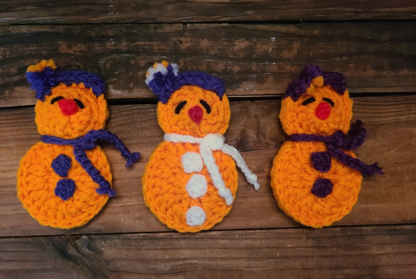3 Vintage Hand Knitted Crochet Snowman Pins/Ornaments Orange & Purple 4 Inch EVC