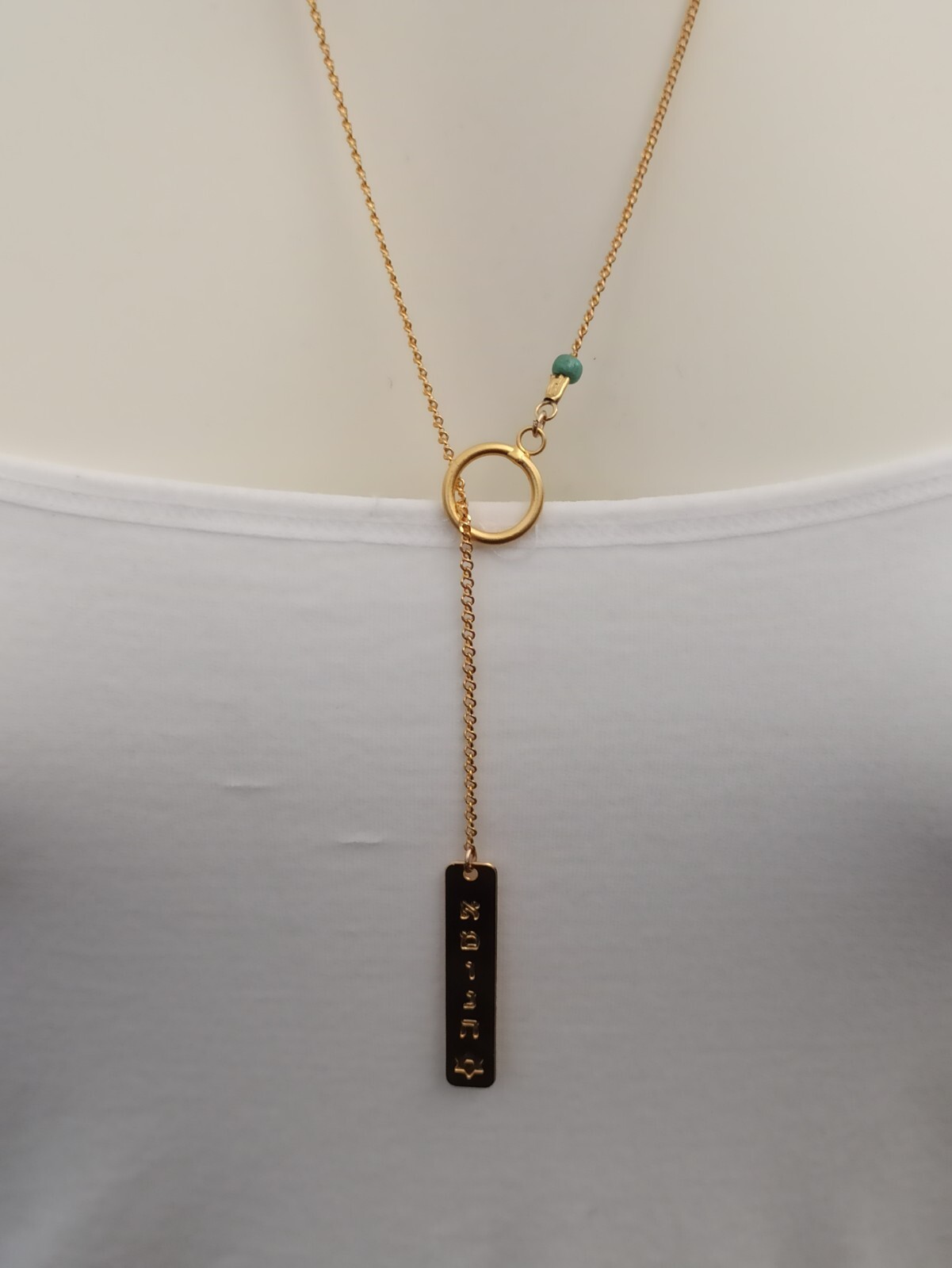 Faith Necklace Hebrew Letters Gold Tone Y-Drop Tie Modernist Brushed Turquoise