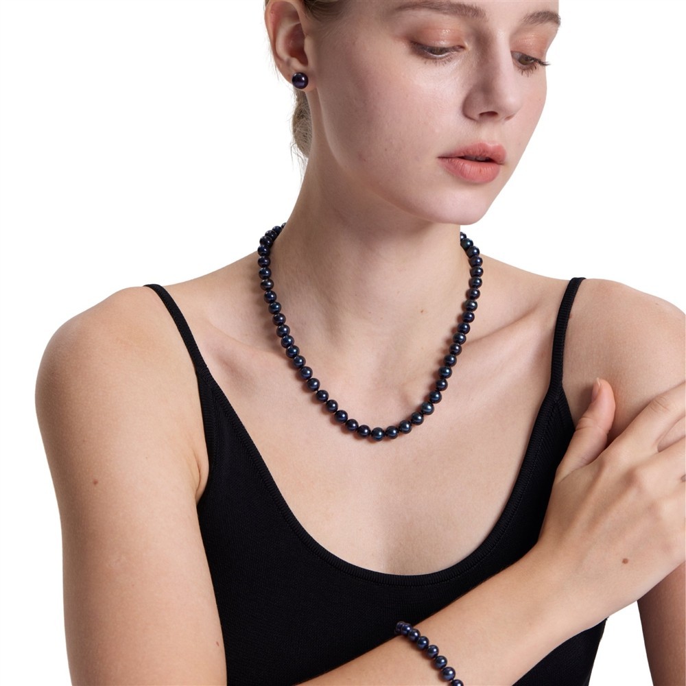 18 Inch Set ROUND 9-10mm Black Pearl Necklace Bracelet Earrings Freshwater