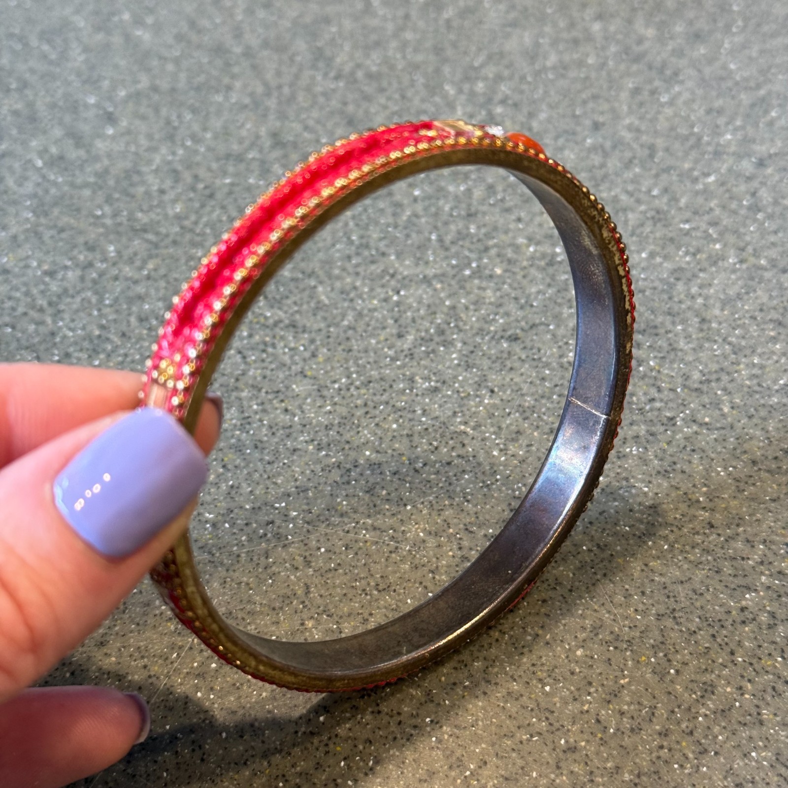 Indian Red Enamel Brass Bangle Gemstones Rhinestones, Ethnic 2.8″ Diam. Boho