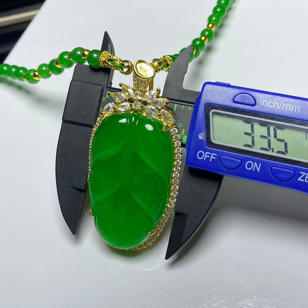 Amulet Natural Ice Green Jade Jadeite Inlay Leaf Pendant&Necklaces 镶嵌金枝玉叶
