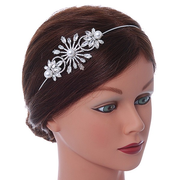 Bridal/ Wedding/ Prom Rhodium Plated White Glass Pearl, Crystal Snowflake