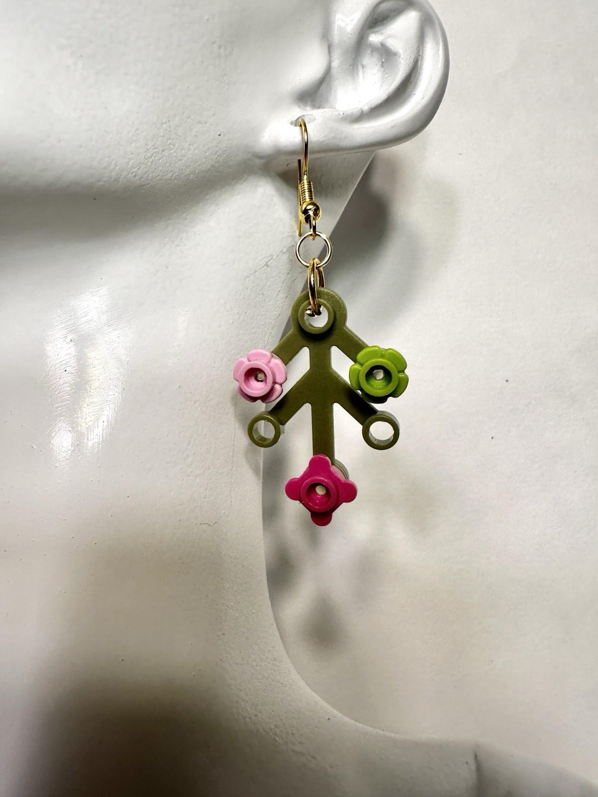 LEGO Green Pink Plastic Flower Dangle Drop Hook Earrings No Stone Floral Theme