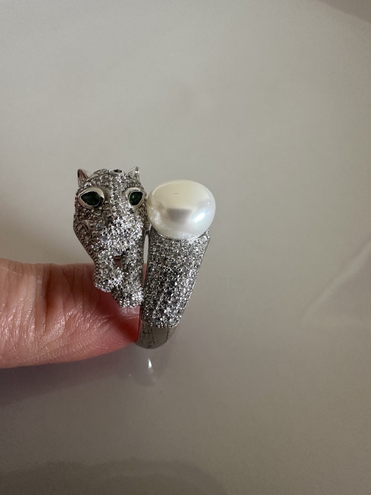 Ring 925 Silver Panther Head, Green Eye Cubic Zirconia With Pearl 7_8 Size