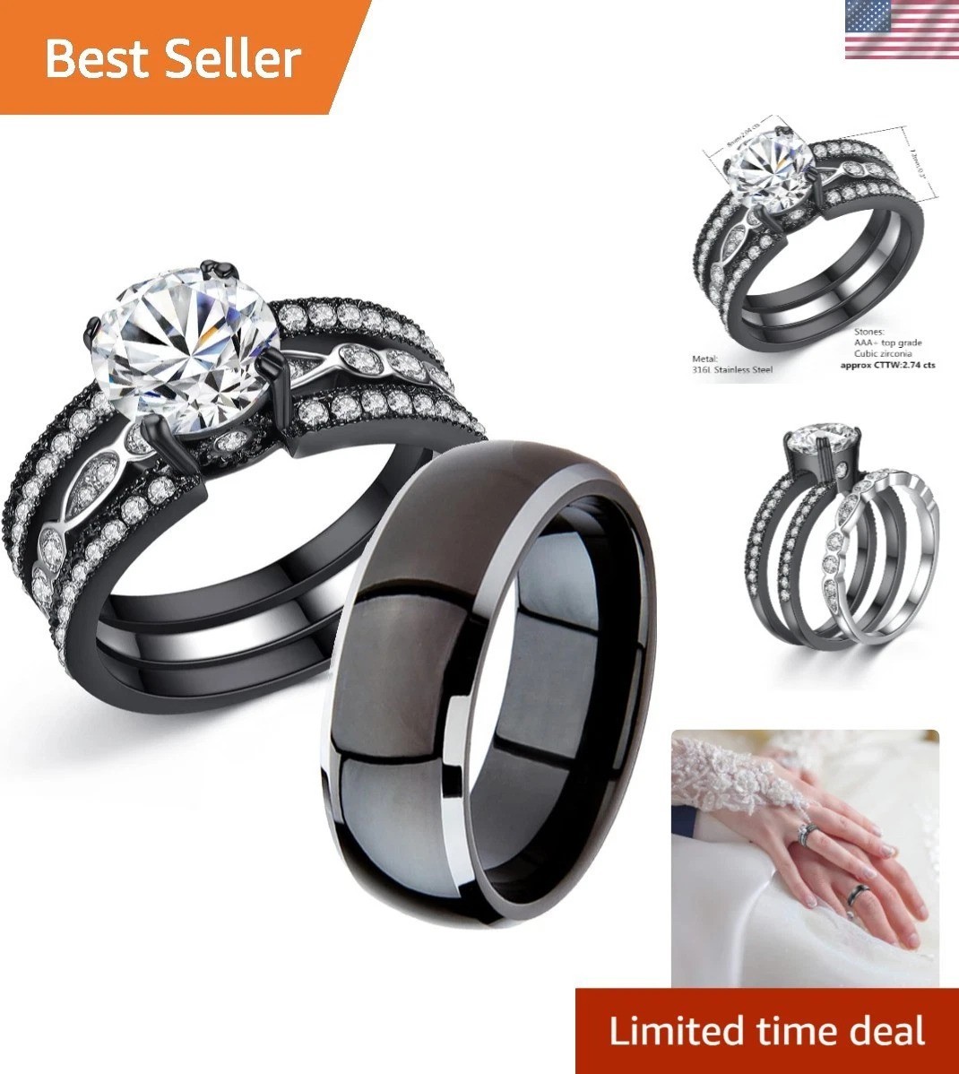 Durable Couple Rings Set: Black Titanium & CZ Engagement Bands for Him & Her
