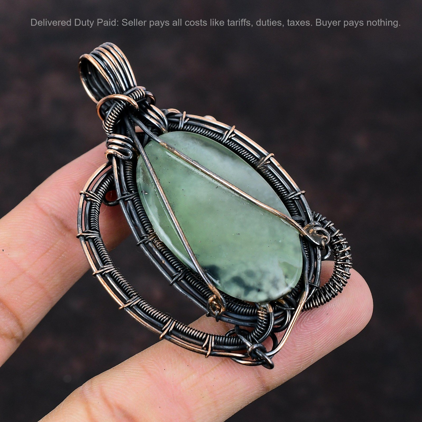 Oval Prehnite Gemstone Copper Anniversary Wire Wrapped Sister Engagement Pendant
