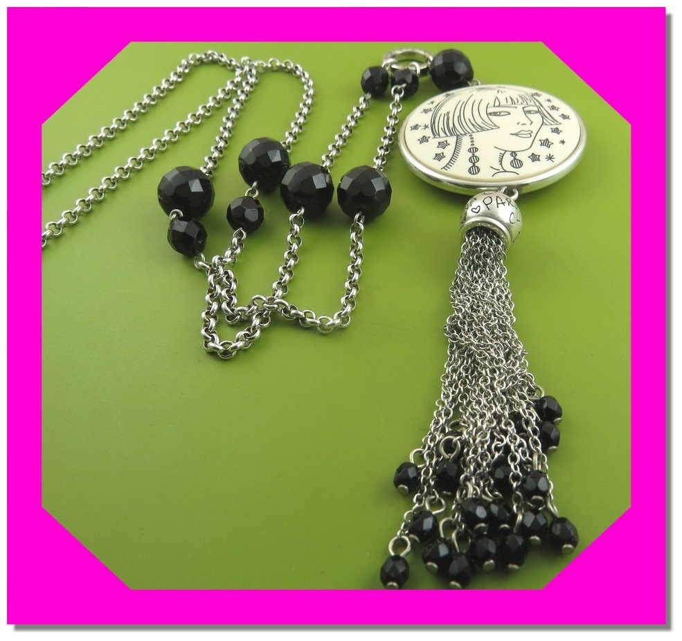 Brighton NANETTE Long Tassel Cream Black Silver Beaded NECKLACE $88 70%