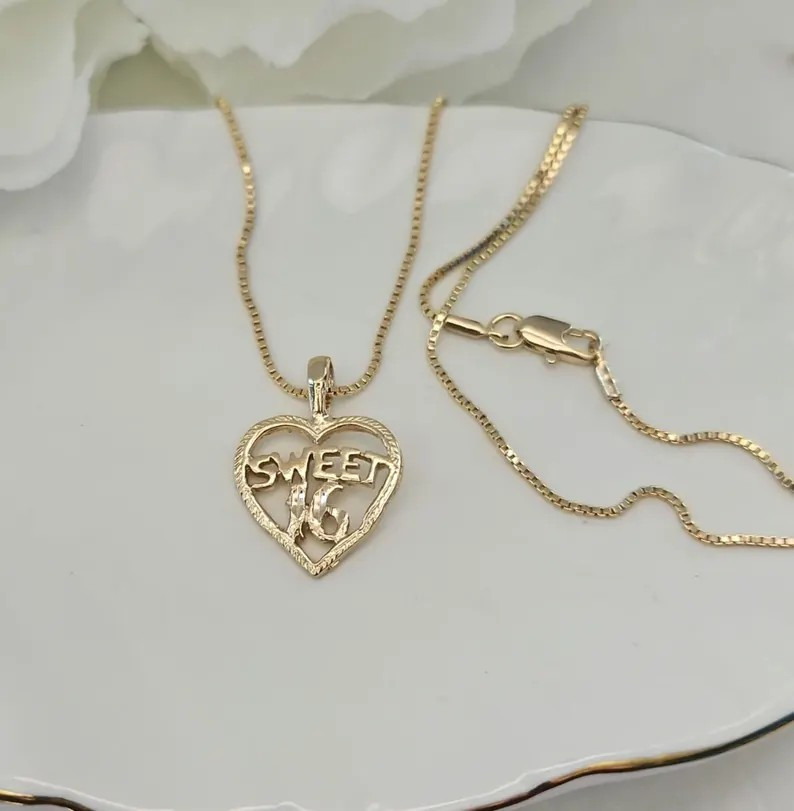 Gold Sweet 16 Necklace, 14k Heavy Plated Gold, Sweet Sixteen Necklace