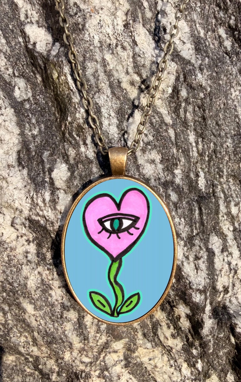 Pink Heart Plant Necklace Pendant Bronze Whimsical Trippy Retro 70’s Insp Boho