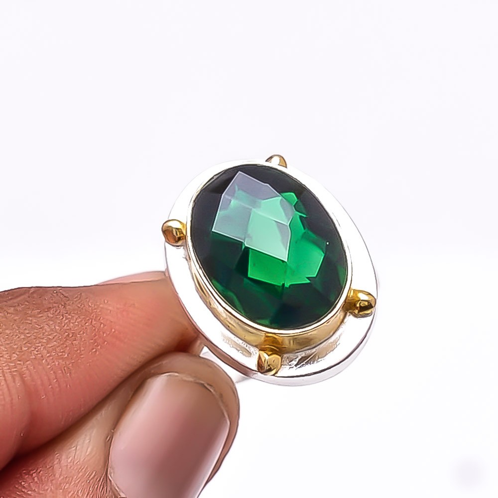 Tsavorite Two Tone Designer Gemstone 925 Sterling Silver Handmade Ring S.7.5 R30